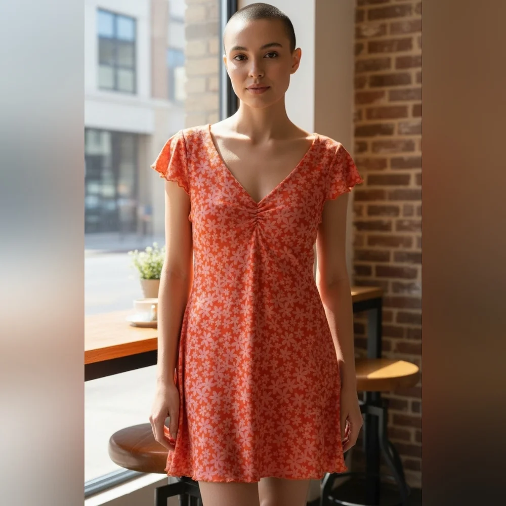 Wild Fable Orange Floral Mesh Mini Dress Size L Y2K Sheer Overlay Lined